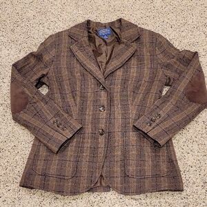 Pendleton Vintage Wool Balzer Jacket Plaid Elbow Patch Brown Small 6 ** FLAW**